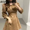 Asapgot Korean Chic Autumn Winter Vintage Slim A Line High Waist Long Puff Sleeve Dress Mini Loose Casual Vestido De Mulher 211110