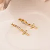 18 K Solid Gold Dangle & Chandelier fine Charm Many CZ Inlay Cross Earrings for Women Girl Special Design Christian party Jewelry God Bless