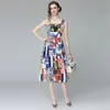 Runway Boho Summer Women's Spaghetti Strap Backless Blue and White Porcelain Floral Print A Line Mid-Calf Dresses 210514