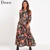 Floral Print Long Maxi Dress Women Elegant Casual Turn Down Collar Shirt Dress Three Quarter Sleeve Bohemian Sashes Dresses 210715