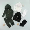 2PCS Fashion Baby Clothes Set Fall Winter Solid Color Waffle Long Sleeve Hooded Romper and Tie-up Trousers For Kids Girls Boys