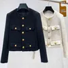 Small Fragrance Women Black Tweed Outerwear Autumn Winter Golden Button Blends Wool Female Long Sleeve Jacket Coat 211109