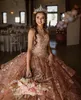 Rose Gold Luxe Quinceanera Jurk 2021 Sparkly Pailletten Kralen Mouwloze partij Prom Prinses Zoete 16 Baljurk Vestidos de 15 Años