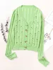 Gebreide Hollow Out Bloemen Embroderen Roze Gewas Vesten Vrouwen Herfst Winter Lonf Mouw Casual Green Cardigans 210415