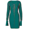 Lace Up Deep V Neck Ribbed Long Sleeve Bodycon Dresses Women Patchwork Club Partywear Sexy Fashion Mini Dress Spring Fall 011910