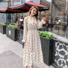 Primavera Outono Mulheres Long Chiffon Vestidos Plus Size Elegante Coreano Coreano Atadura Túnica Flare Manga Lace Up Vestidos 210513