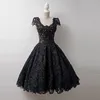 Black Full Lace Short Homecoming Dresses Western Country Style Crew Neck Cap Sleeves Tea Length Homecoming Cocktail Dresses