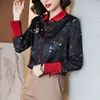 女性のための韓国のシルクシャツのための長袖サテンプリント女性トッププラスサイズのBlusas Mujer de Moda 210427