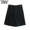 Traf Women Chic Fashion Side Pockets Pleated Bermuda Shorts Vintage High midjextlås Kvinnliga Korta byxor MUJER 210415