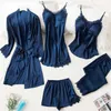 Niebieski jedwabny piżamy lato jesień wiosna 5 sztuk zestaw eleganckie kobiety piżamas ustawione górne elastyczne spodnie w talii Lounge sleepwear Homewear 211112