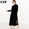 [Eam] kvinnor svart lång sammet elegant klänning står krage långärmad lös passform mode våren höst 1r59101 21512