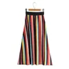 Femmes Couleur Stripe Impression Tissu plissé Midi Jupe Casual Femme Taille élastique Lâche Streetwear Dames P1968 210430