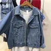 Turn-Down Collar Bling Pearl Double Pockets Patchwork Denim Jacket All-match Coat Women's Single-breasted Femme Tops 210422