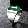 Vintage fashion Big square green jade gemstones bague white gold silver color zircon diamonds rings for men party accessory gift