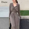 Women Elegant Solid Midi Dress With Belt V Neck Korean Chic es Long Sleeve Casual Knitted Sweater Robe 210515