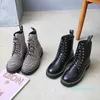 Boots Fad Solid Black Leather Thick Bottom Platform Women Lace Up Winter Ankle Gingham Shoes Woman