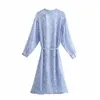 Woman Dress Blue Belt Snake Print Long Shirt Women Elegant Sleeve es Ladies Vintage Midi 210519