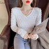 Primavera otoño estilo coreano camiseta chica elegante Sexy con cuello en V drapeado mujeres Tops camisa de fondo camisetas de algodón de manga larga T11003A 210421