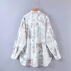 Women Fashion Animal Cartoon Pattern Shirt Female Asymmetry Hem Blusas Loose Lapel Long Sleeve Chic Top 210531