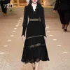 Black Patchwork Lace Dress For Women V Neck Lantern Long Sleeve High Waist Pleated Midi Dresses Female Fashion 210531