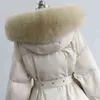 Fitaylor Winter Large Natural Fur Collar Hooded Jacket Women with Belt Thickness Snow Warm Parkas 90% White Duck Down Loose Coat 211216