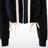 Twotwinstyle Casual Patchwork Cordão Suéter para Mulheres Hoodie Collar Lace Up Short Hodded Feminino Moda Roupas 210517