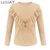 Kvinnors Höst Vår Ruffles Frill Vit Skjorta Blus Casual Round Neck Långärmad Elegant Slim Kvinna Chic Toppar Blusas SHIRTS 210507