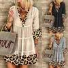 Vestidos casuales Lugentolo vestido de lino Wonen verano moda leopardo costura 3/4 manga cuello en V de talla grande cintura alta corto para mujer