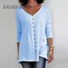 Jocoo Jolee Women Casual Long Sleeve V Neck Button Blue Solid Shirt Elegant Cotton Slim Tops Plus Size 3XL TEE Shirts 210619