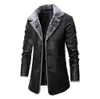 Veste en cuir d'hiver pour hommes couleur unie doublure velours affaires revers longueur moyenne garder au chaud coupe-vent en cuir noir 211009