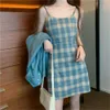Sommer Blau 2 stücke Set Vintage Plaid Sling Mini Kleid + Hemd Einreiher Tasche Sonnencreme BF Übergroßer Langmantel Frauen Anzug 210619