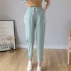 Femmes décontracté Harajuku longue cheville longueur pantalon été automne grand solide taille élastique coton lin pantalon noir 220211