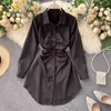 Spring Autumn Women Short Tunic Shirt High Waist Draped Single Breasted Elegant Office Lady Mini Dress 210415