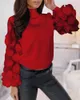 İlkbahar Sonbahar Kadın Zarif Örgü Şişirilmiş Kollu Çiçek Bluz Bayanlar Bayan Bahar Patchwork Casual Workwear Kazaklar 210415
