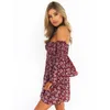 Floral Print Mini Jurken Slash Neck Beach Zomer Flare Lange Mouw Jurk Dames Boho Off Shoulder Casual