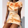 Vestido de mujer elegante de manga corta con cordón de algodón fruncido Sexy para mujer fiesta Tie Dye flaco ropa de verano femenina 210522