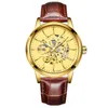 Hålig ut Golden Case Luxury Business Design Rostfritt stål Watchband Mens Watches Top Brand Mechanical Skeleton Watch Wristwatches