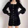 Gothic Metal пряжка черных велюров Y2K платья для женщин элегантный винтажный квадратный воротник с длинным рукавом Harajuku мини-платье зима 210510
