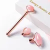 3 IN 1 Face Roller Massager Natural Rose Quartz Stone Beauty Tool for Facial Body Neck Lifting Tighten Slimming Skin Care