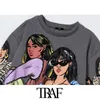 TRAF Femmes Mode Charater Imprimer Lâche Sweat-shirt Vintage O Cou À Manches Longues Femme Pulls Chic Tops 210415