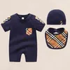 High quality Fashion Newborn Jumpsuits Infant Baby Boys and girls Romper Designer Clothes 100% cotton Kids luxury Rompers hat Bibs 3piece set