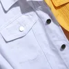 2 색 스티칭 남자 세트 스프링 가을 옐로우 옐로우와 흰색 데님 재킷 + 주름 오토바이 스트레치 청바지 2 개 세트