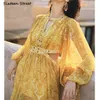 Boho vintage sommar drake hög midja gul tryckt maxi vestido kvinna klänningar öken rivet strand Drfemale kläder x0621