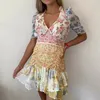 Foridol Patchwork imprimé floral Mini robe pour femmes asymétrique à volants Sexy robe de soirée manches bouffantes Boho plage robe d'été 210415