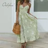 Été Femmes Long Print Floral Silp Bacaless Side Slit Ceinturé Tunique Vintage Vacances Plage Maxi Robe 210415