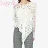Tesscara Women Runway Luxe borduurwerk blouse shirt Hoogwaardige ontwerper Wit katoenen kanten Top Lange Mouw Party Shirts 210401