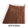 KPYTOMOA Women Chic Fashion Pleated Faux Leather Mini Skirt Vintage With Metal Snap Buttons Female Skirts Mujer 210629