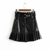 Fitaylor Women Chic PU Leather Pleated Skirt Ruffles Tie Belt Waist Pocket Zipper Fly Ladies Elegnt Mini s Jupe Femme 210621