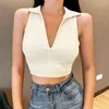 Femmes été Sexy Slim vêtements sans manches Corset col en v revers haut solide culture couture court gilet fermeture éclair Streetwear 210422