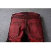 Neue Mode Herren Jeans Weinrot Gespleißt Slim Löcher Zerrissene Jeans für Männer Große Tasche Cargo Hosen High Street Hosen Biker